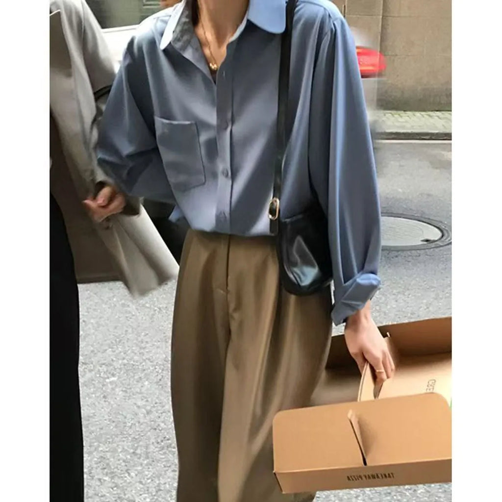 Women's Long Sleeve Shirt - Elegant Office Shirt with Pockets
