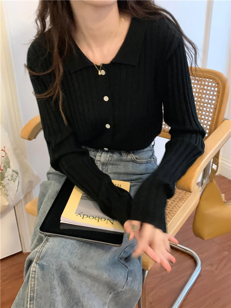 Korean Style Polo Collar Knit Cardigan - Women's Elegant Layering Sweater