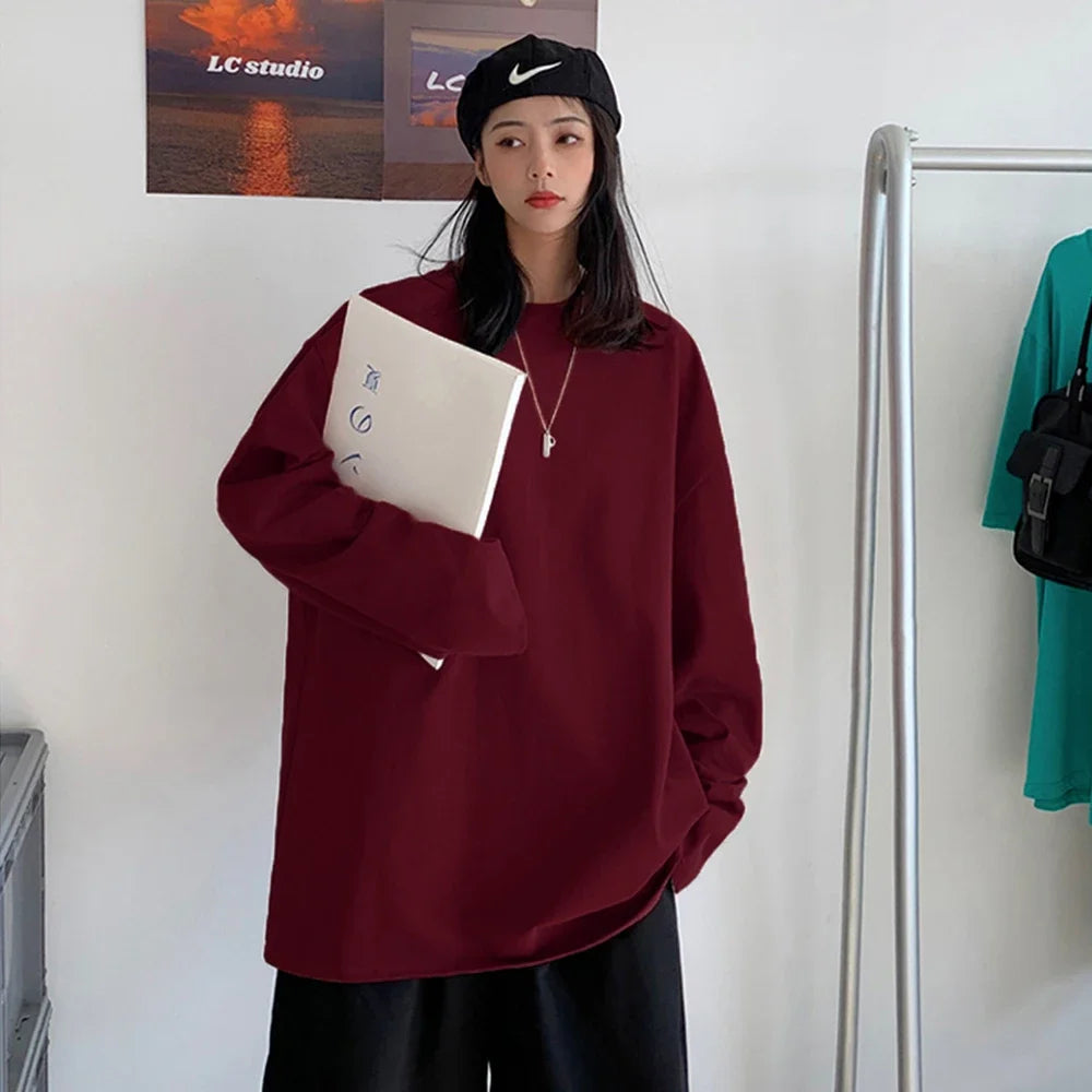 Korean Style Oversized Long Sleeve T-Shirt for Women - Casual Cotton Tee