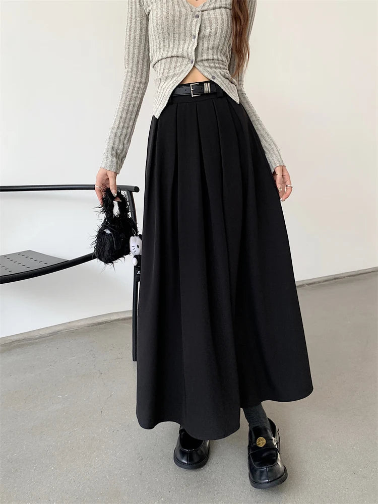 Korean Style Pleated Midi Skirt - A-Line High Waist Swing Skirt for Women