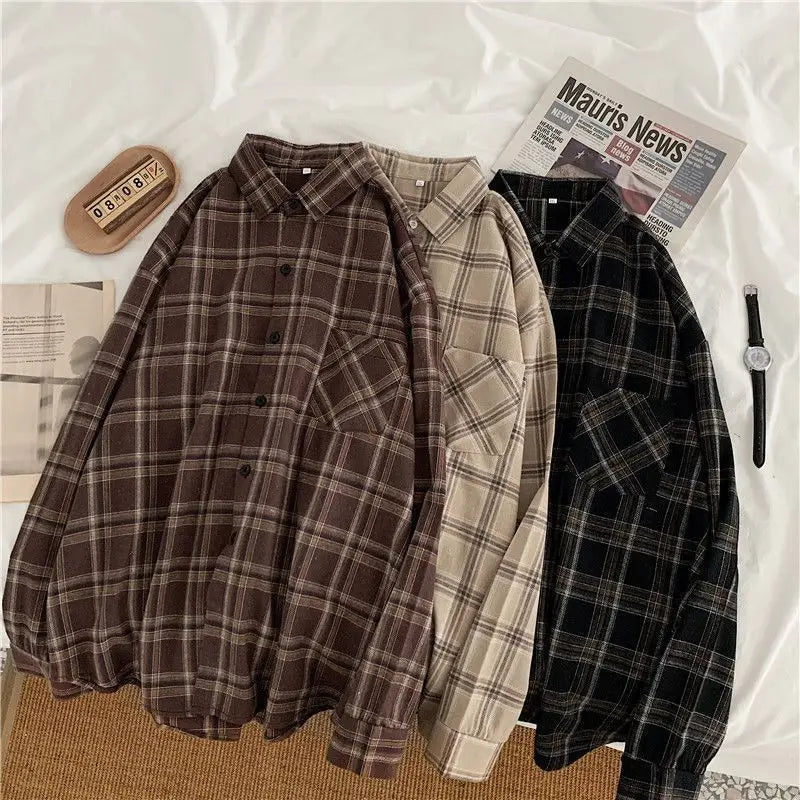 Korean Style Oversized Plaid Shirt - Women's Long Sleeve Button Up Blouse