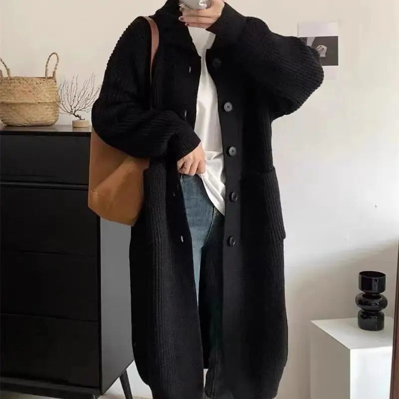 Korean Style Long Cardigan with High Collar - Women's Knit Sweater