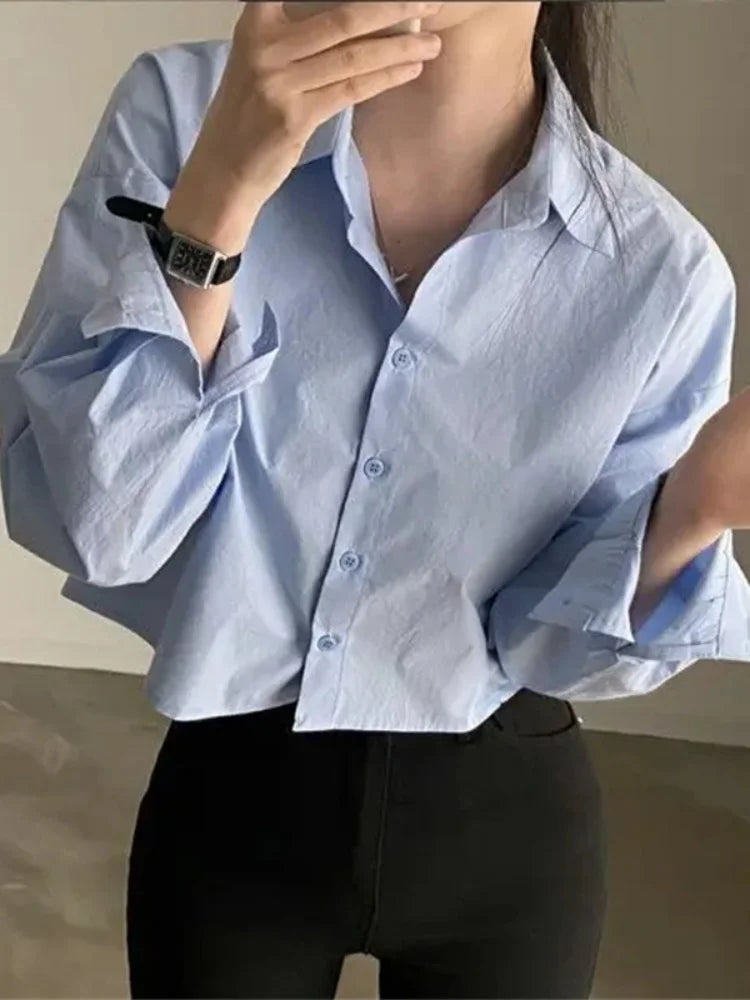 Korean Style White Button-Up Blouse - Women's Long Sleeve Casual Shirt