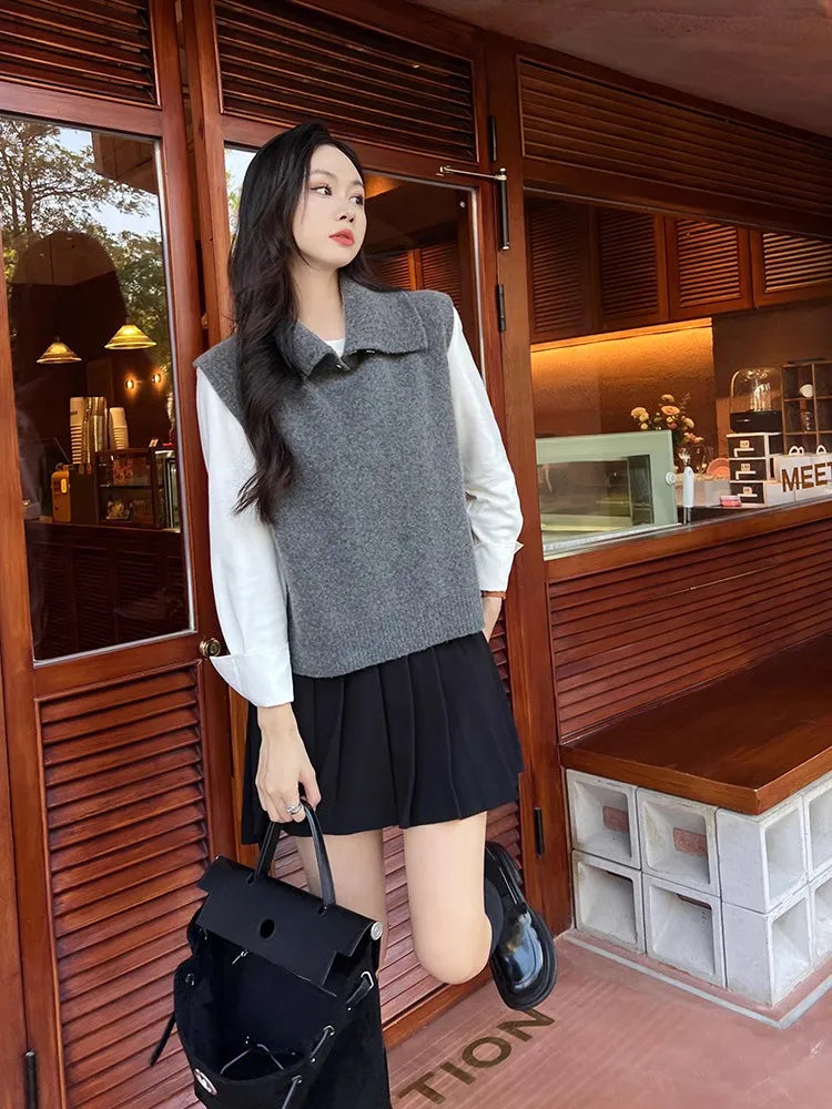 Korean Style Cashmere Turtleneck Vest - Sleeveless Knit Jumper Top