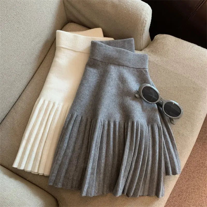 Korean Style Pleated Knit Mini Skirt - High Waist A-Line Skirt for Women