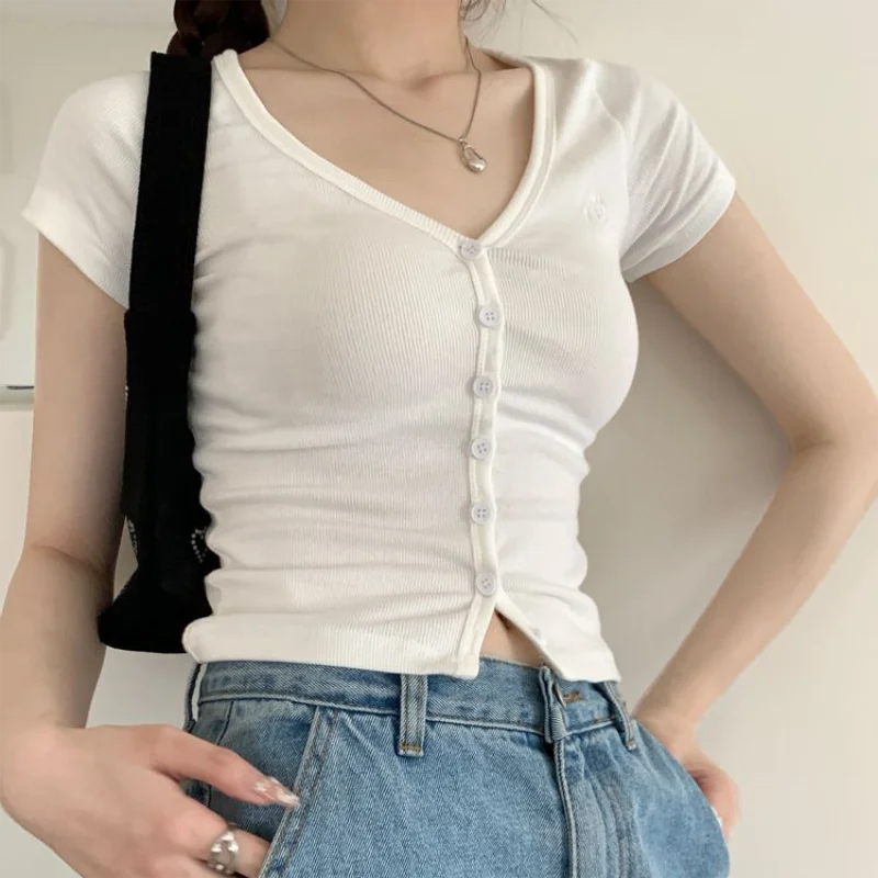 Sexy V-neck Single Breasted Short Sleeved Crop Top Cardigan Women's Summer New Korean Slim fit T-shirt Short