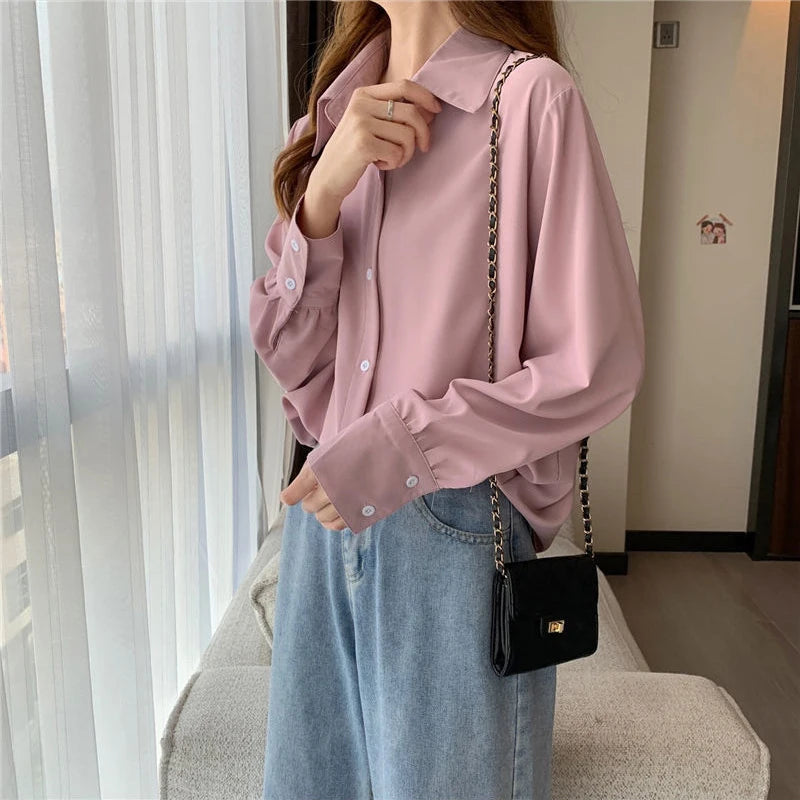 Korean Style White Chiffon Blouse - Elegant Long Sleeve Shirt for Women