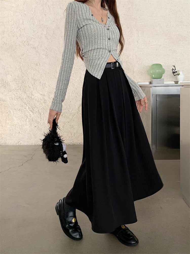 Korean Style Pleated Midi Skirt - A-Line High Waist Swing Skirt for Women