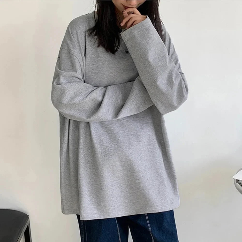 Korean Style Oversized Long Sleeve T-Shirt for Women - Casual Cotton Tee
