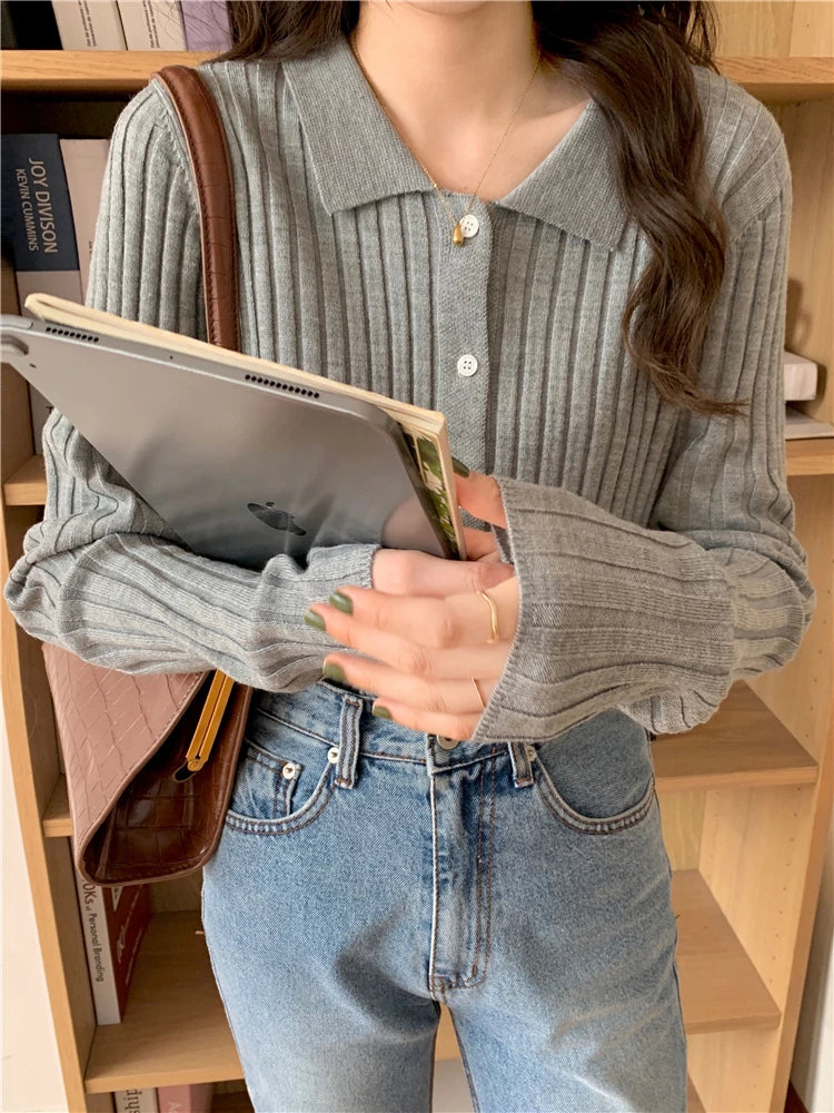 Korean Style Polo Collar Knit Cardigan - Women's Elegant Layering Sweater