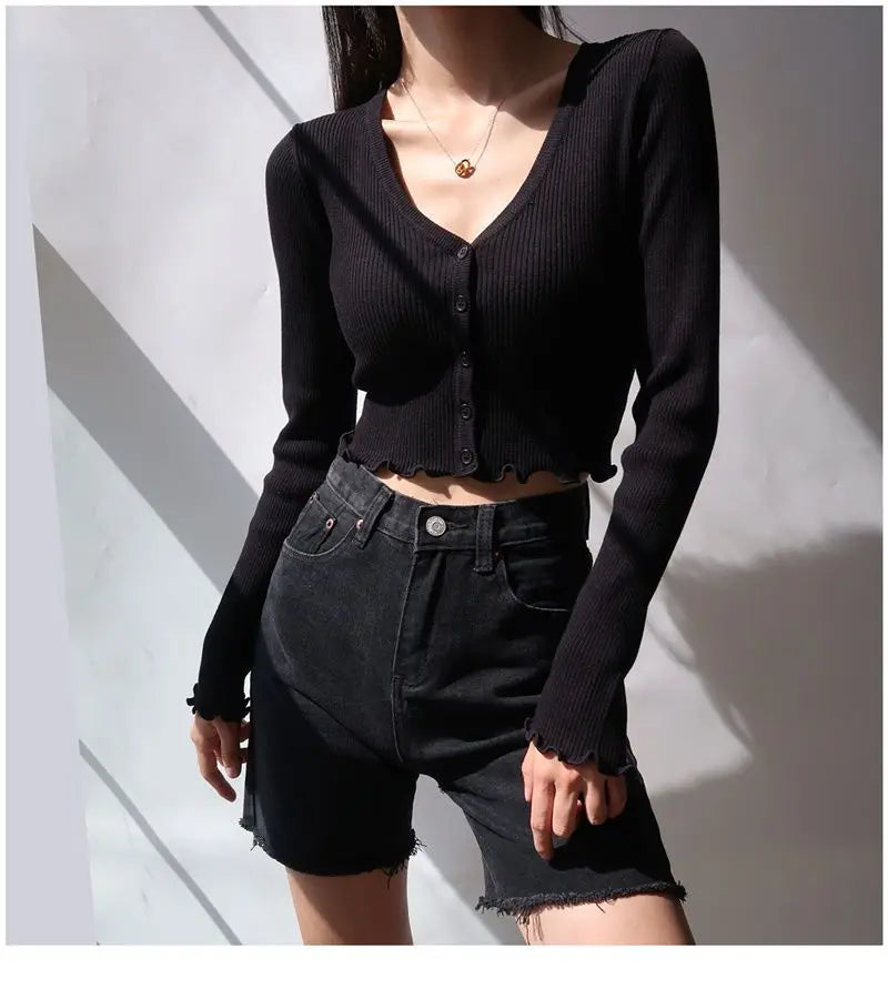 Korean Style Cropped Knit Cardigan - V-Neck Ruffle Hem