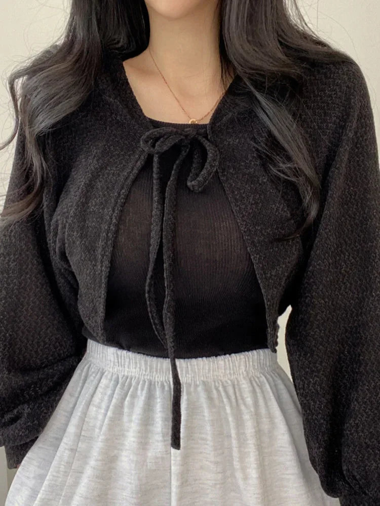 Korean Style White Cardigan - Women's Summer Lightweight Lace-Up Knitwear