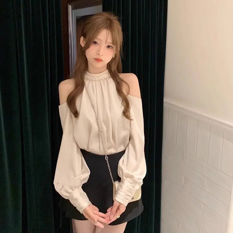 Korean Style Off-Shoulder Blouse - Long Sleeve Sweet Temperament Top for Women