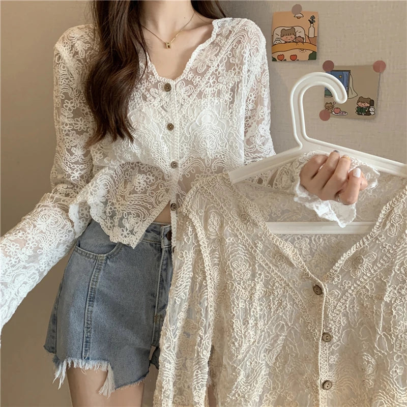 Korean Style Lace Blouse - Sheer Long Sleeve Summer Top