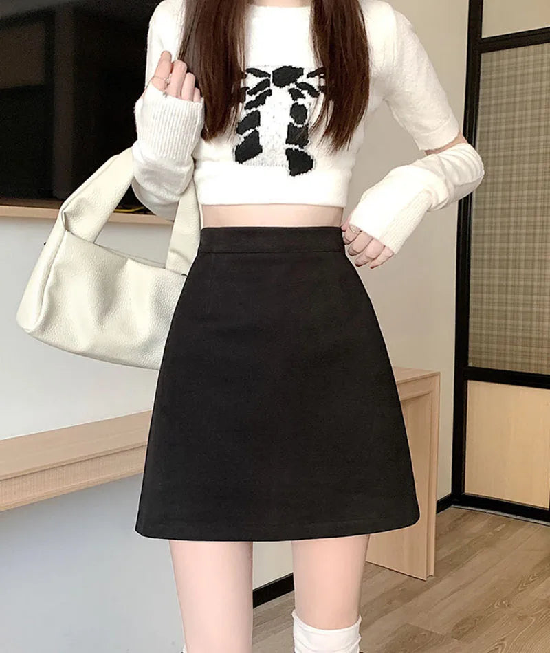 Korean Style High Waist Woolen Mini Skirt - A-Line Bodycon Skirt with Zipper