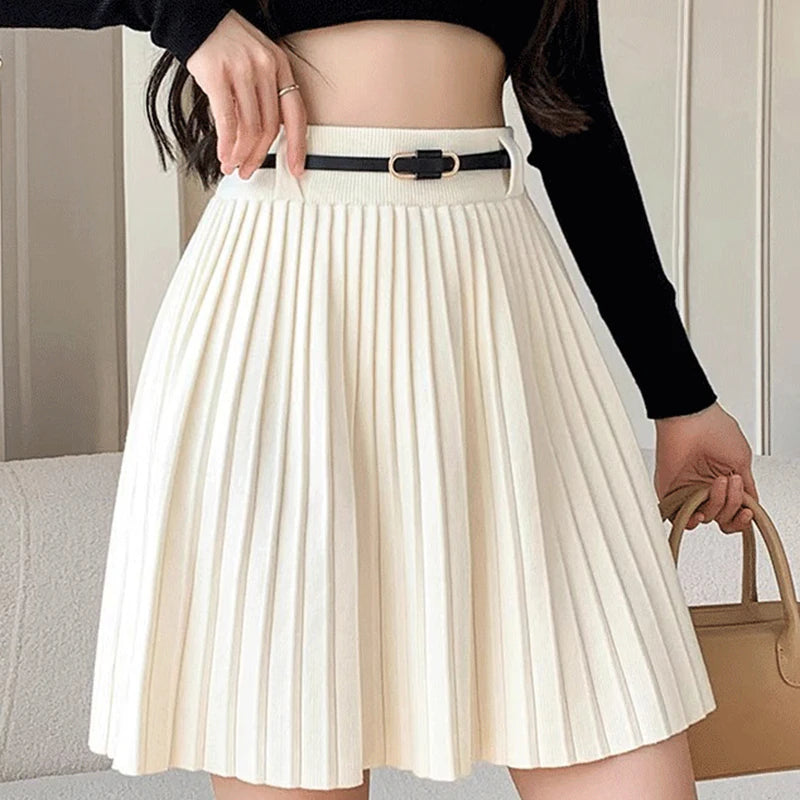 Korean Style High-Waisted A-Line Mini Skirt - Women's Knitted Pleated Skirt