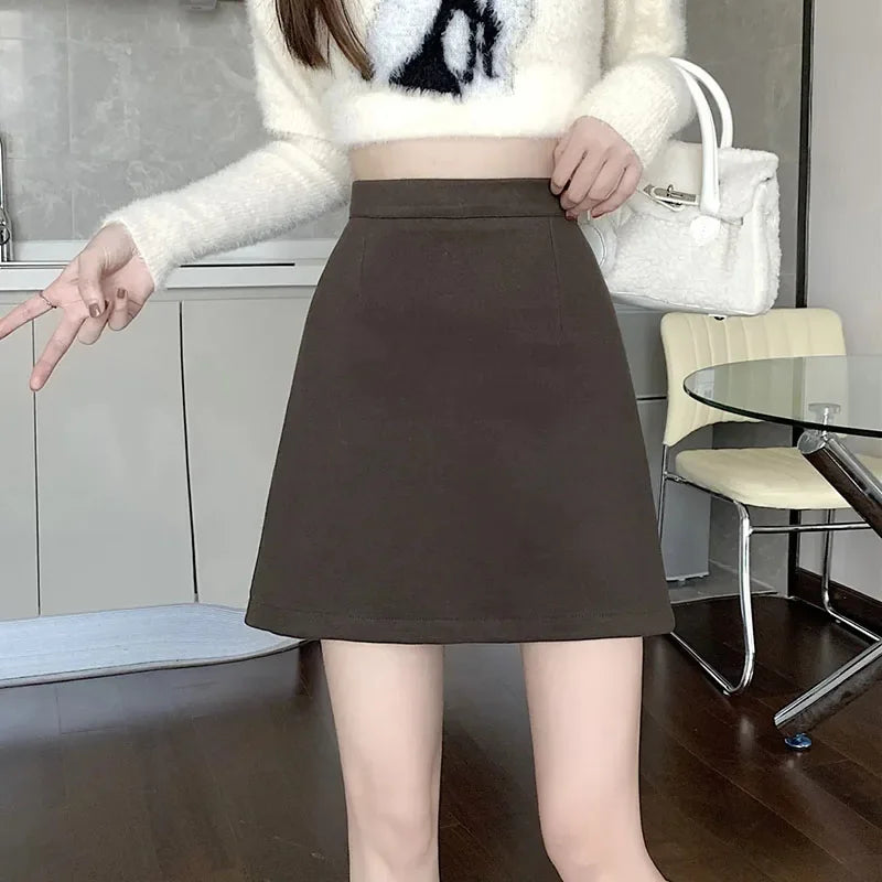 Korean Style High Waist Woolen Mini Skirt - A-Line Bodycon Skirt with Zipper
