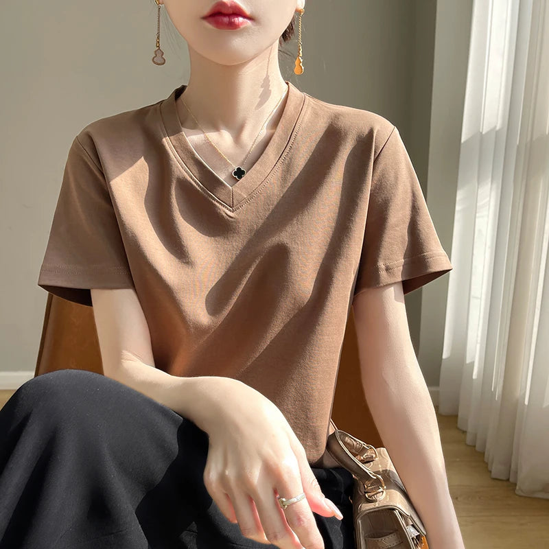 Korean Style V-Neck Cotton T-Shirt - Women's Relaxed Fit Short Sleeve Top