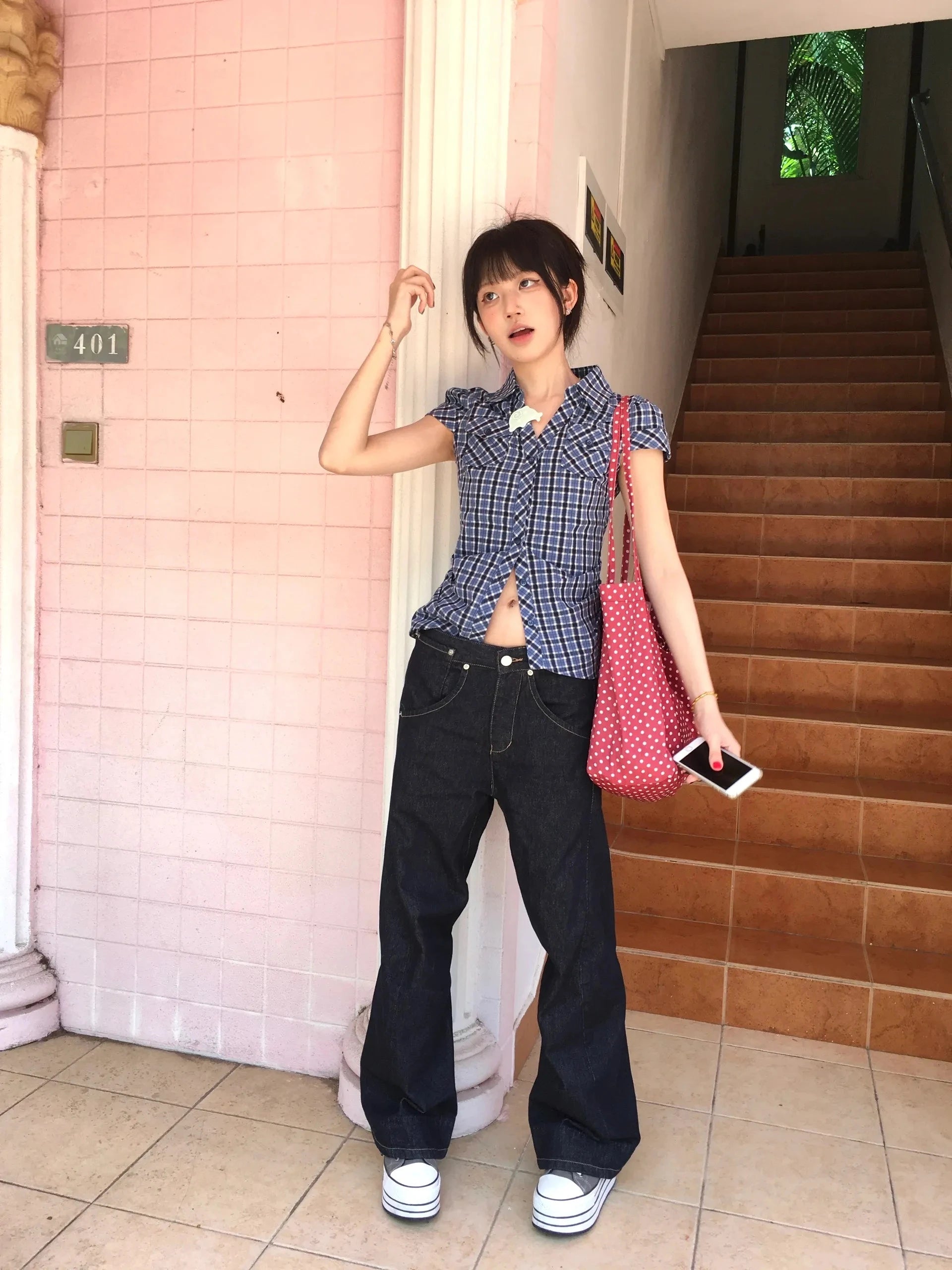 Korean Style Y2K Plaid Shirt - Women's Vintage Short Sleeve Blouse