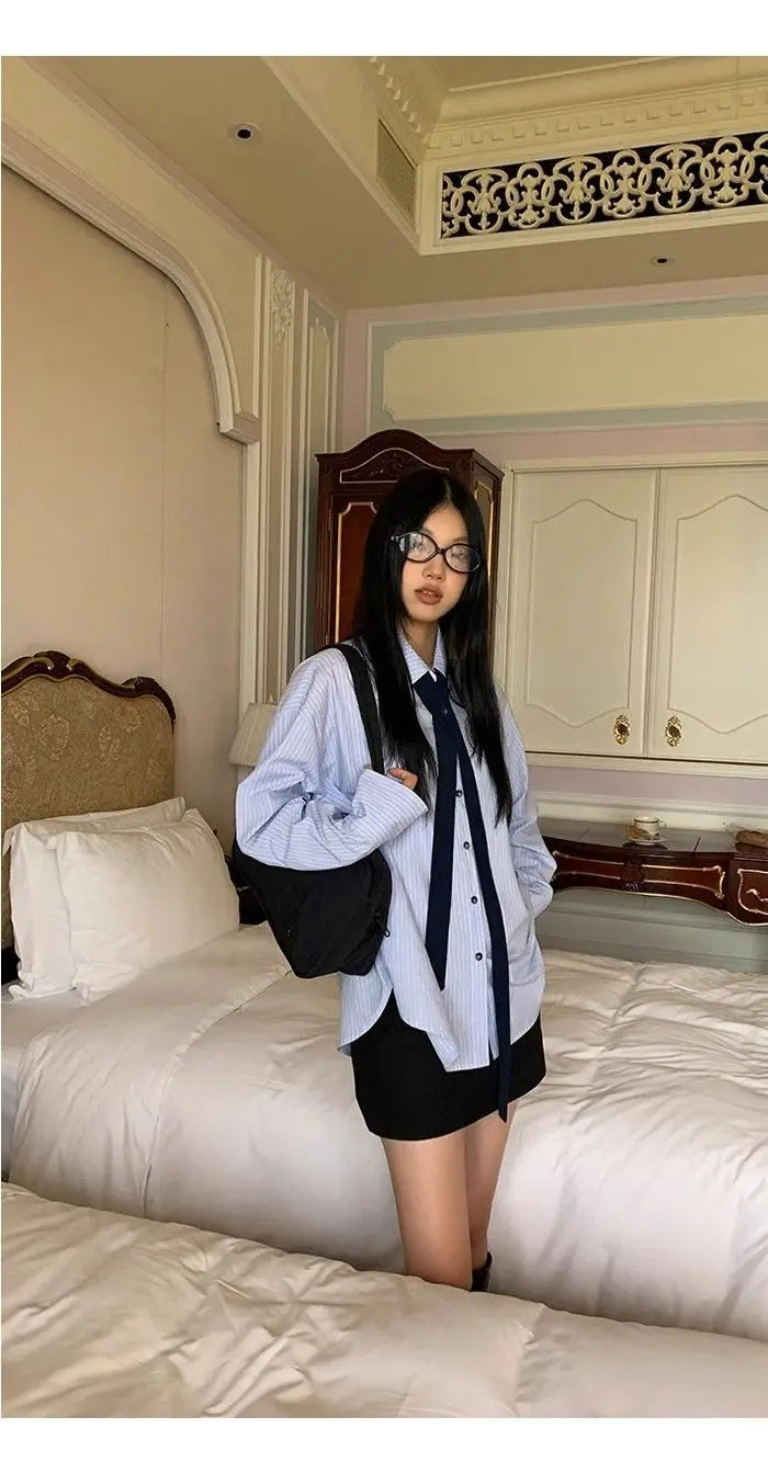 Korean Style Blue Striped Shirt - Women's Embroidered Long Sleeve Blouse