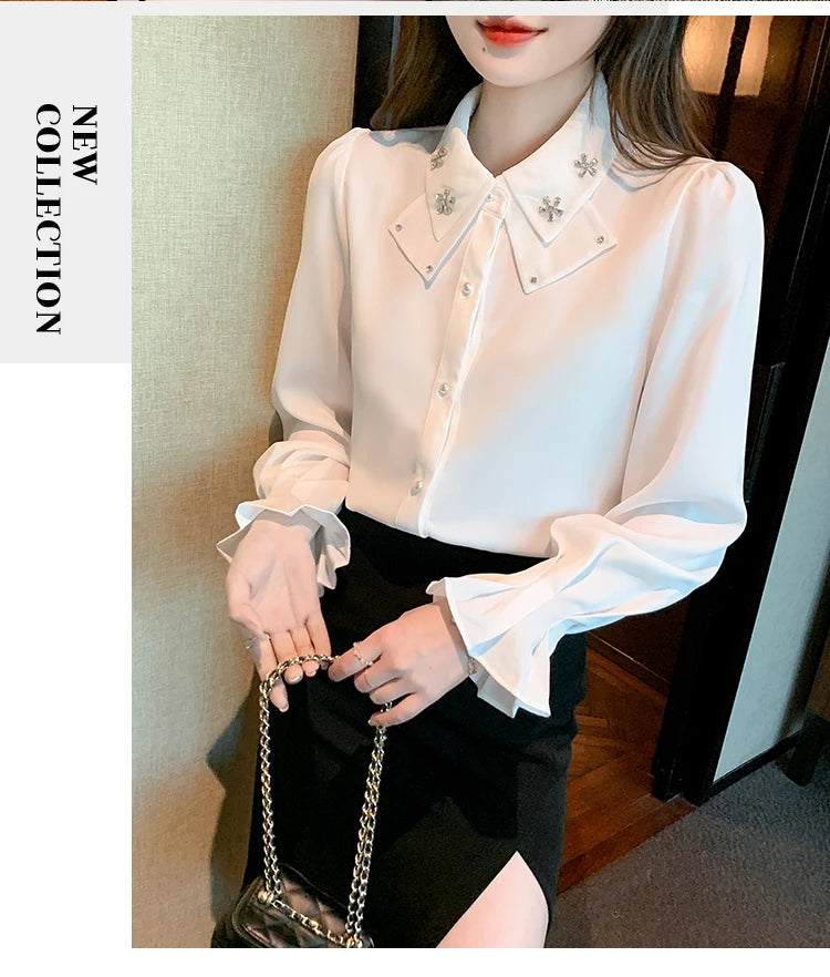Korean Style Chiffon Blouse - Elegant Long Sleeve White Shirt for Women