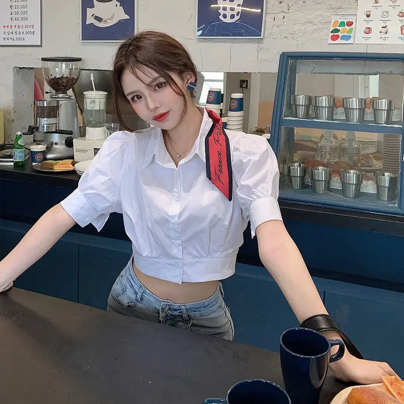 Korean Style White Puff Sleeve Cropped Shirt - Women's Elegant Preppy Blouse