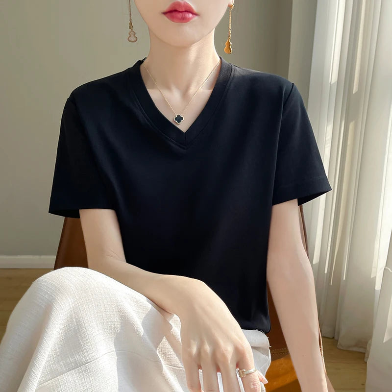 Korean Style V-Neck Cotton T-Shirt - Women's Relaxed Fit Short Sleeve Top