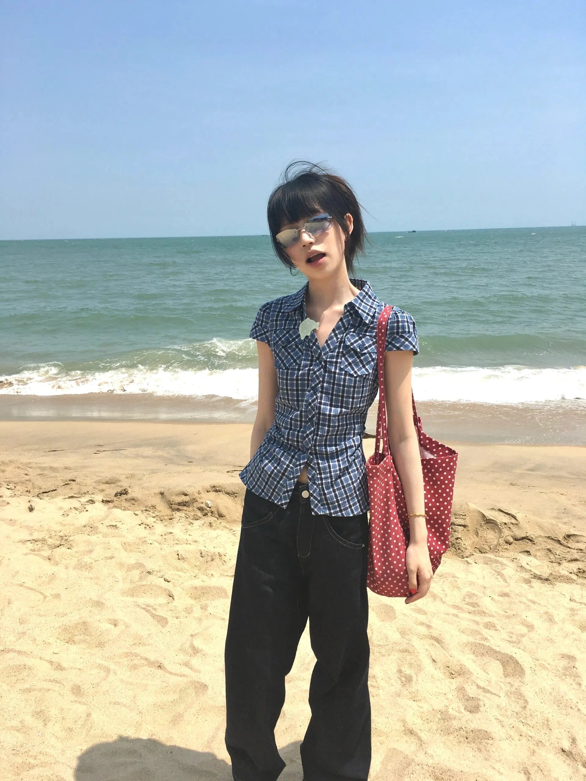 Korean Style Y2K Plaid Shirt - Women's Vintage Short Sleeve Blouse