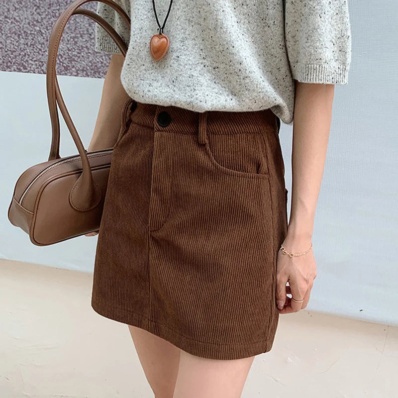 Korean Style High Waist Corduroy Mini Skirt - A-Line Vintage College Skirt with Pockets