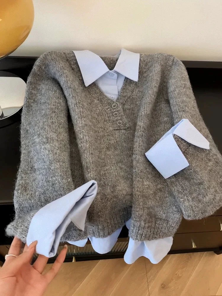 Korean Style Grey Blue Colour Block Knitted Sweater - Women's Turn-Down Collar Jumper