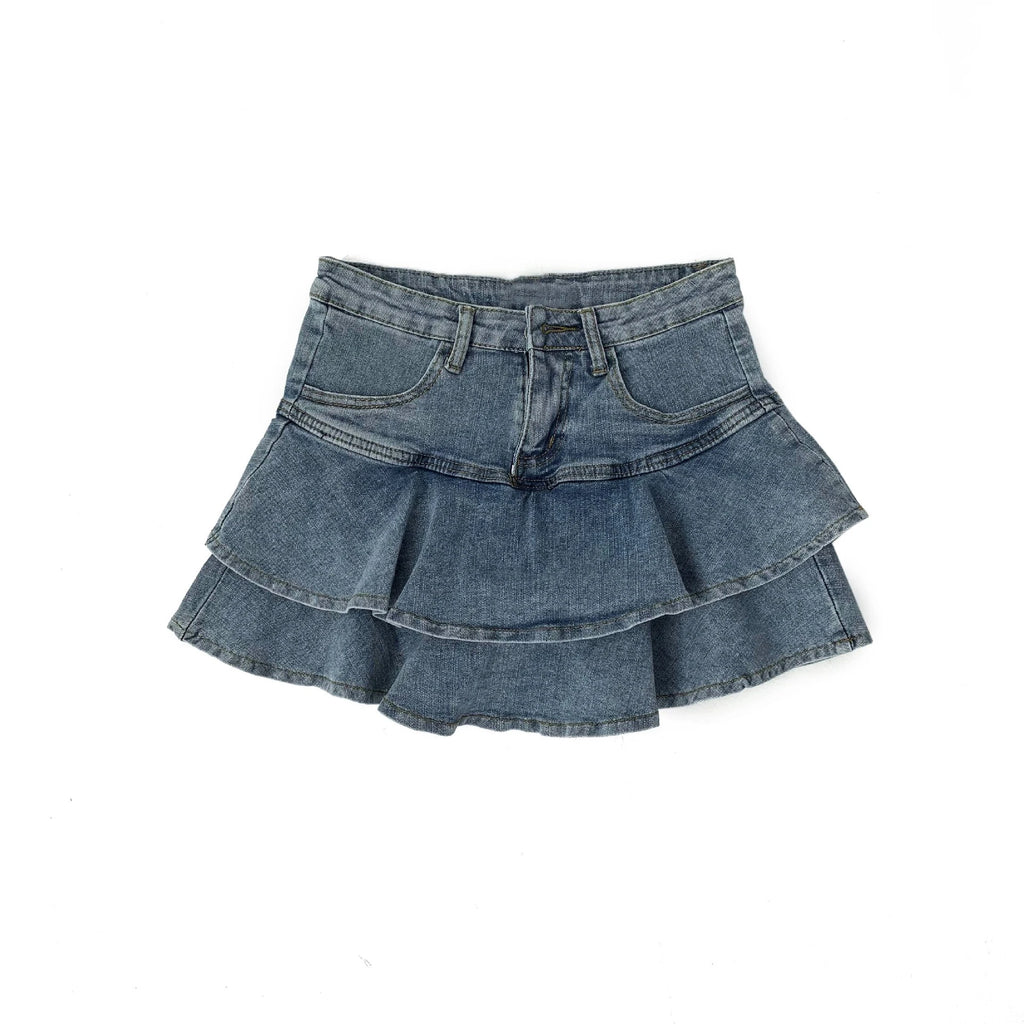 Korean Style Denim Mini Skirt - High Waist A-Line Vintage Wash Ruffle Skirt