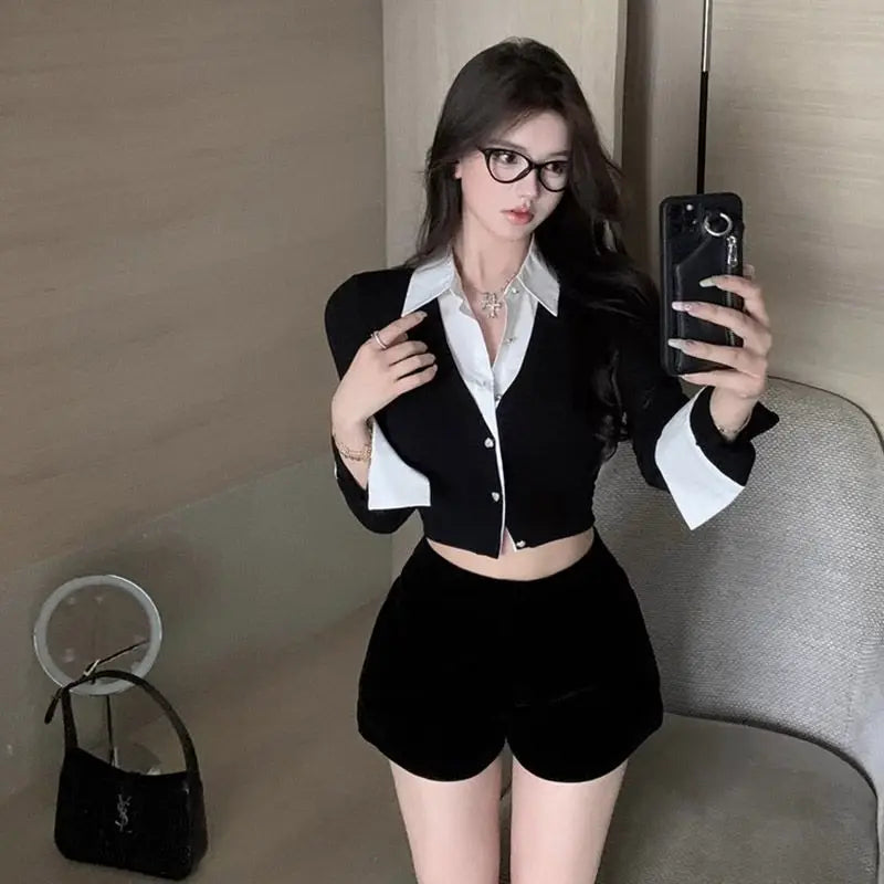 Korean Style Two-Piece Effect Blouse - Women's Slim Fit Cropped Shirt