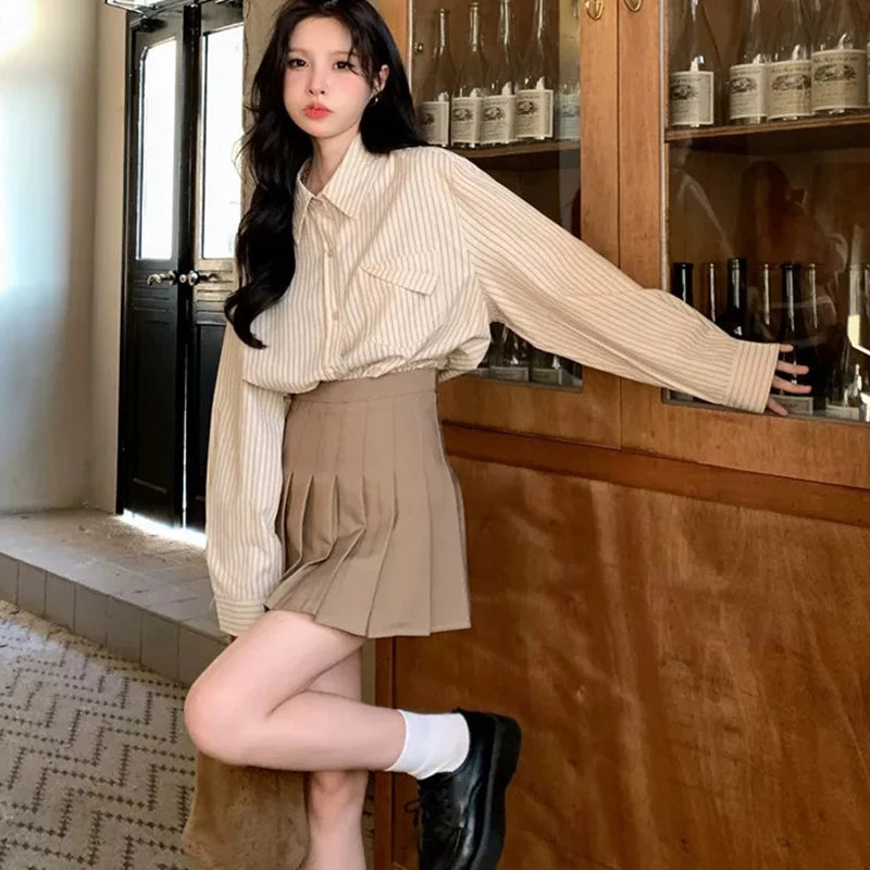 Korean Style Blue Striped Shirt - Women's Long Sleeve Blouse with Pockets