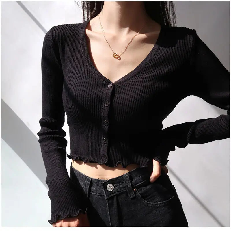 Korean Style Cropped Knit Cardigan - V-Neck Ruffle Hem