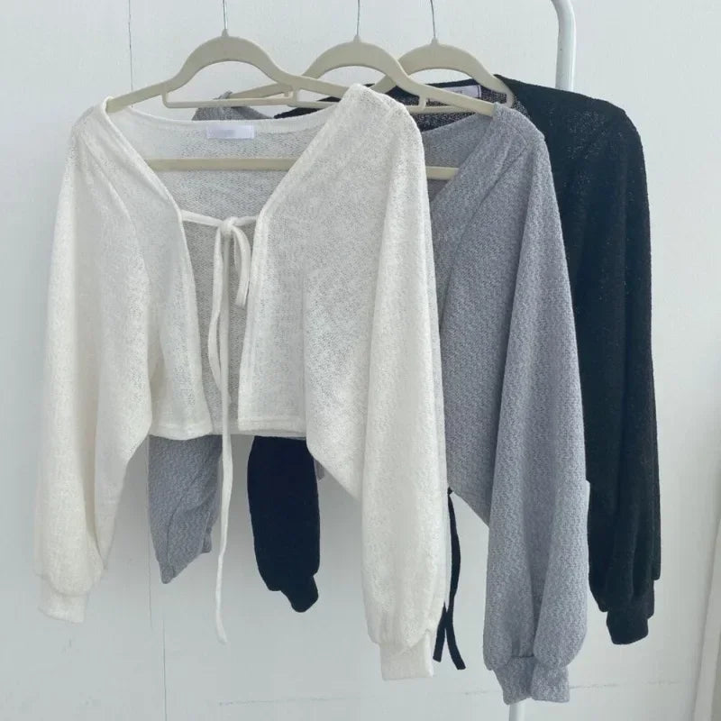 Korean Style White Cardigan - Women's Summer Lightweight Lace-Up Knitwear