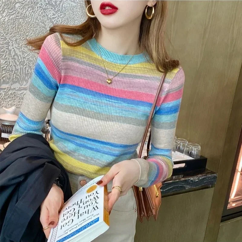Korean Style Striped Long Sleeve Top - Women's Slim Fit T-Shirt