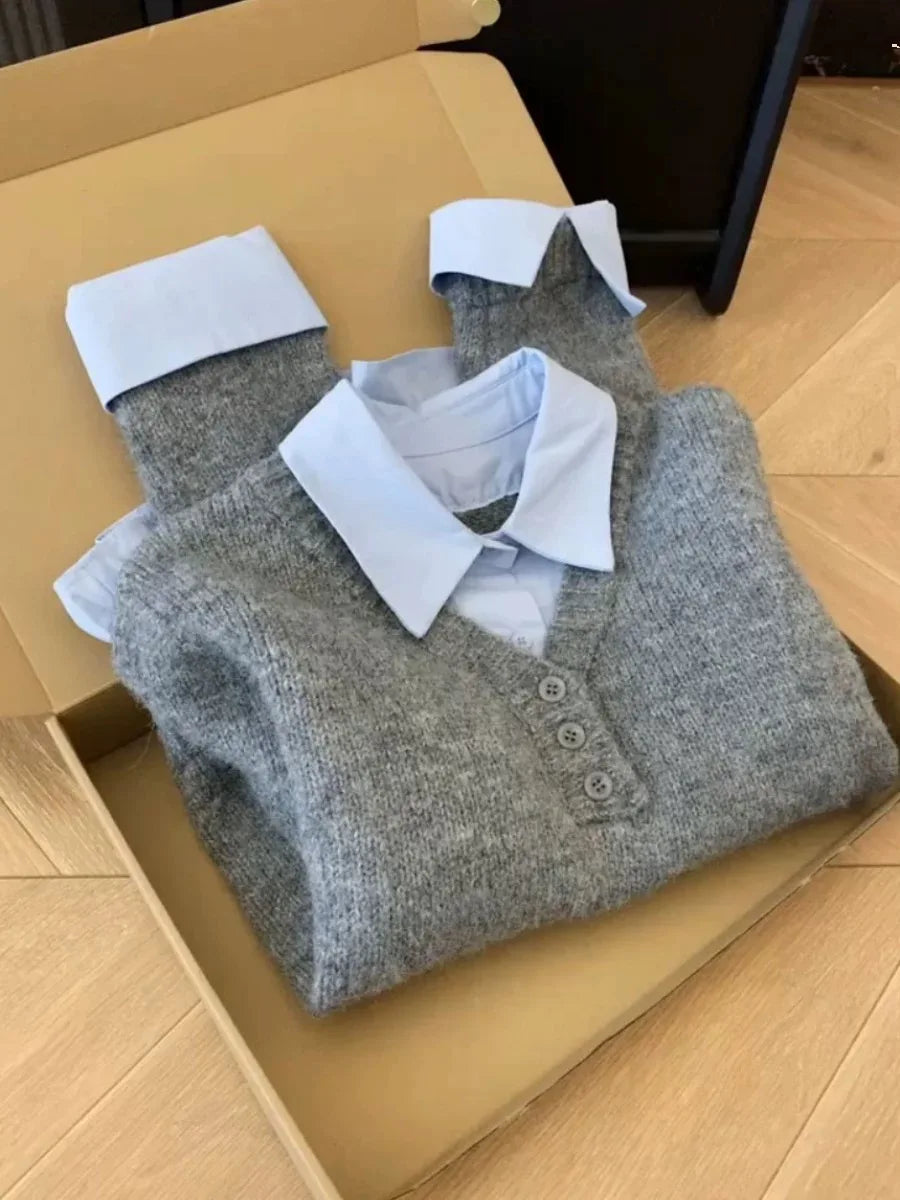 Korean Style Grey Blue Colour Block Knitted Sweater - Women's Turn-Down Collar Jumper