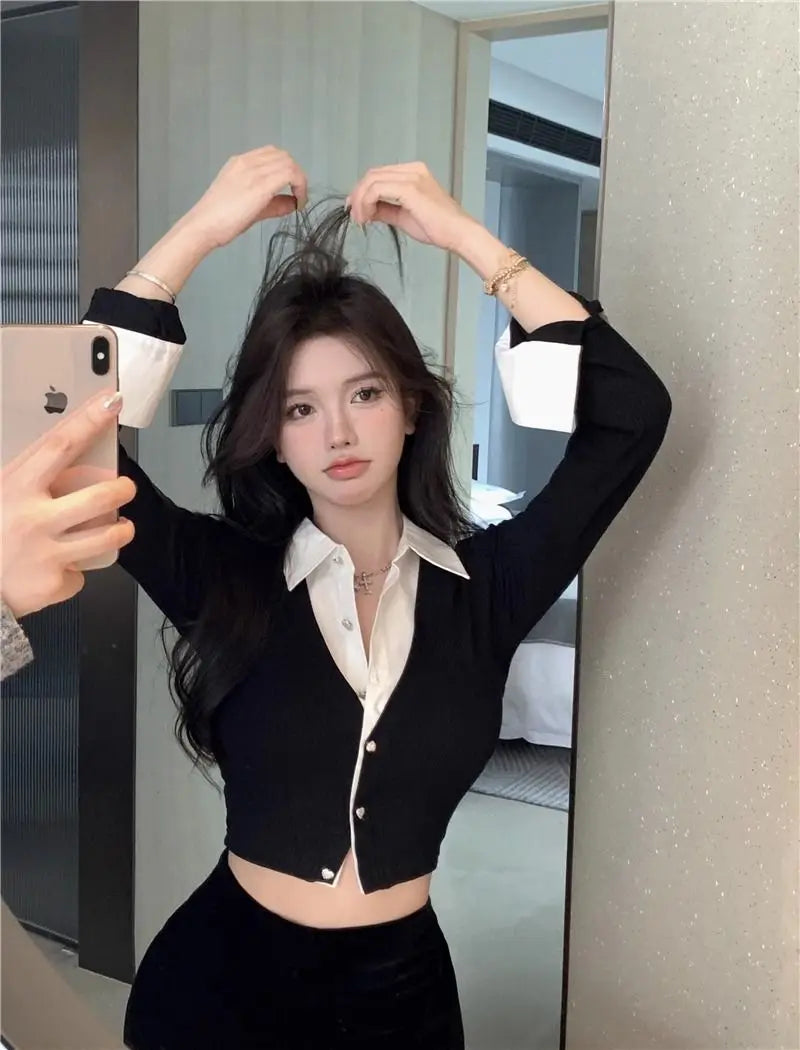 Korean Style Two-Piece Effect Blouse - Women's Slim Fit Cropped Shirt