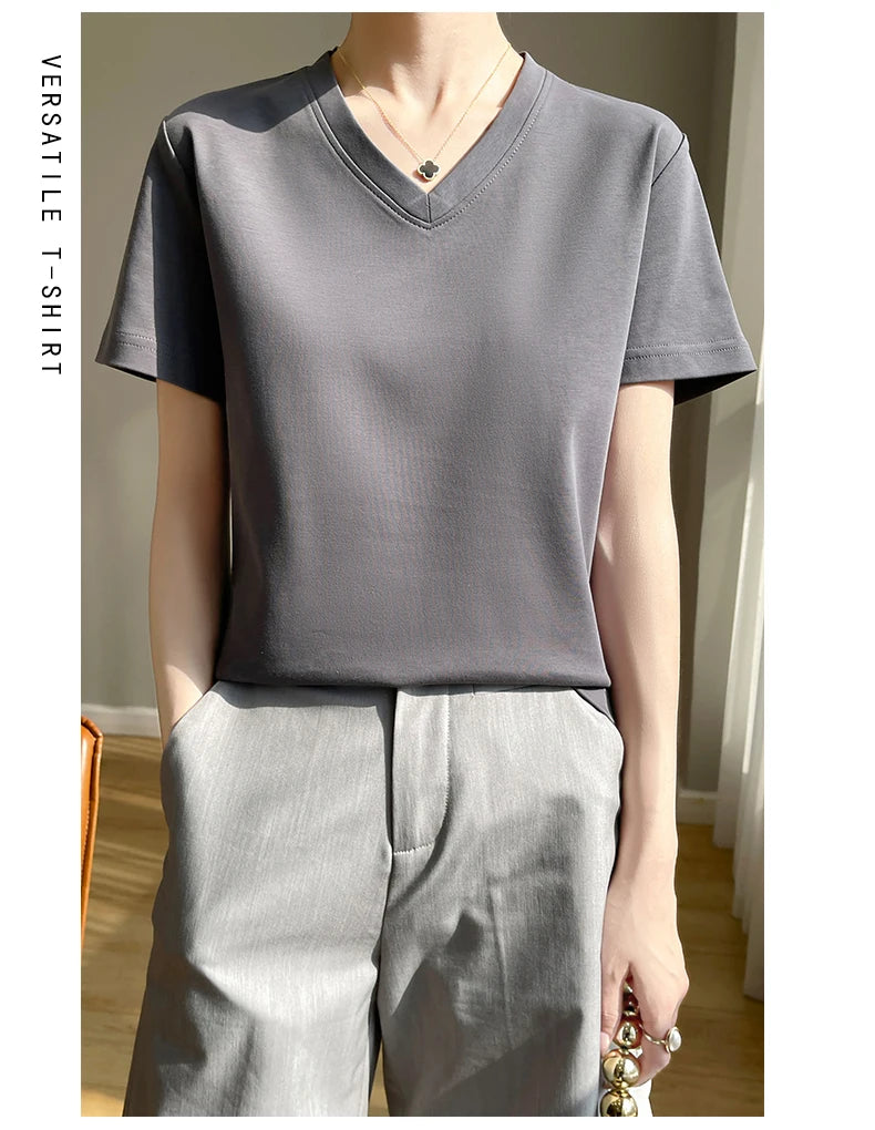 Korean Style V-Neck Cotton T-Shirt - Women's Relaxed Fit Short Sleeve Top