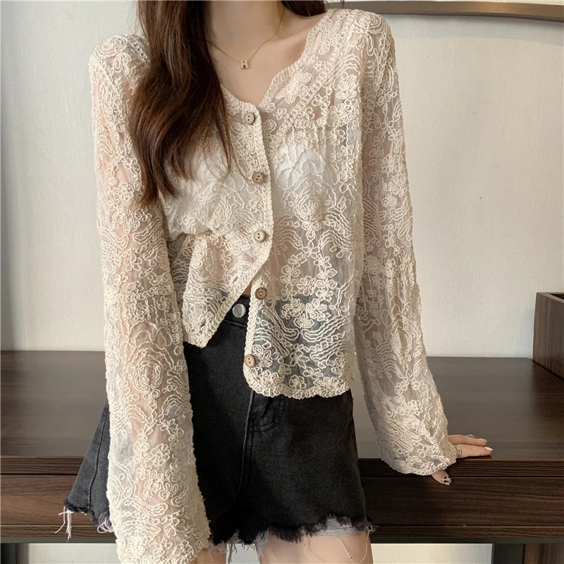 Korean Style Lace Blouse - Sheer Long Sleeve Summer Top