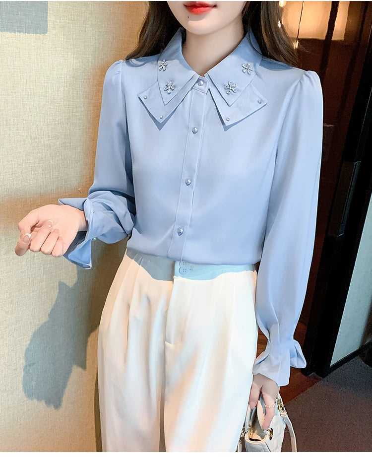 Korean Style Chiffon Blouse - Elegant Long Sleeve White Shirt for Women