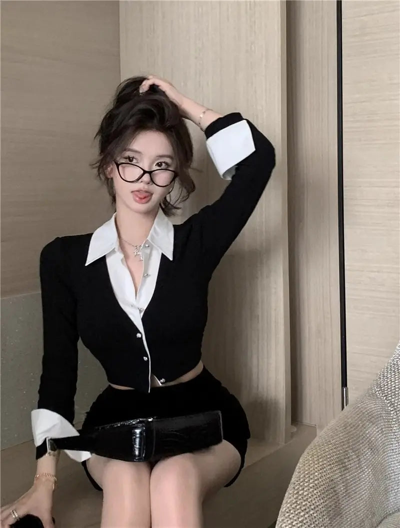 Korean Style Two-Piece Effect Blouse - Women's Slim Fit Cropped Shirt
