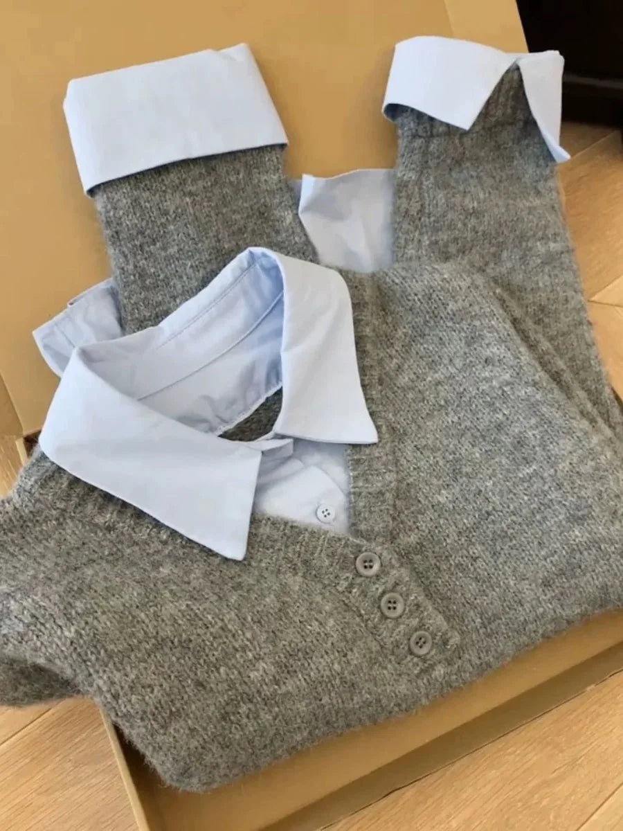 Korean Style Grey Blue Colour Block Knitted Sweater - Women's Turn-Down Collar Jumper