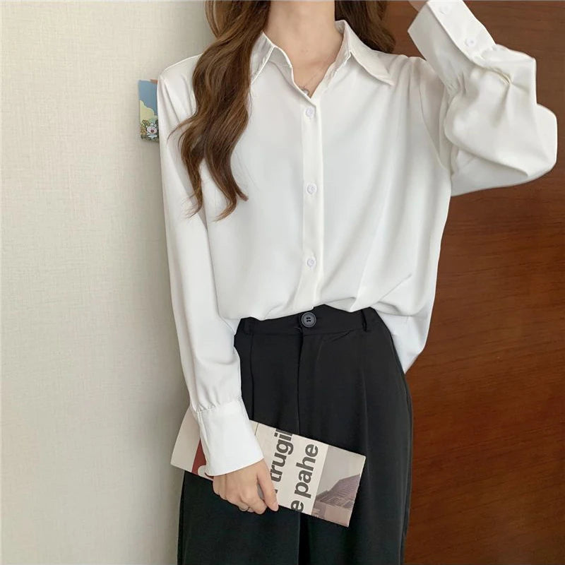 Korean Style White Chiffon Blouse - Elegant Long Sleeve Shirt for Women