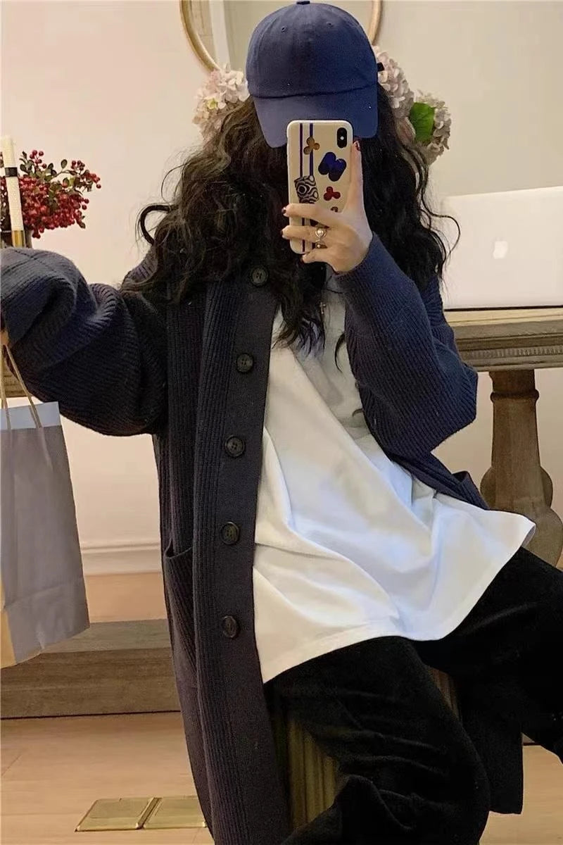 Korean Style Long Cardigan with High Collar - Women's Knit Sweater