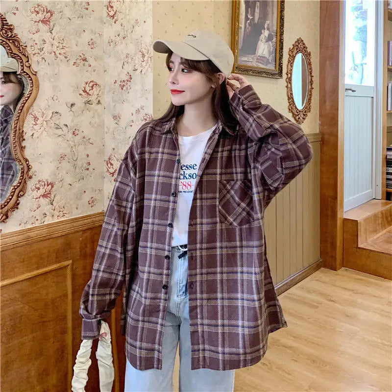 Korean Style Oversized Plaid Shirt - Women's Long Sleeve Button Up Blouse