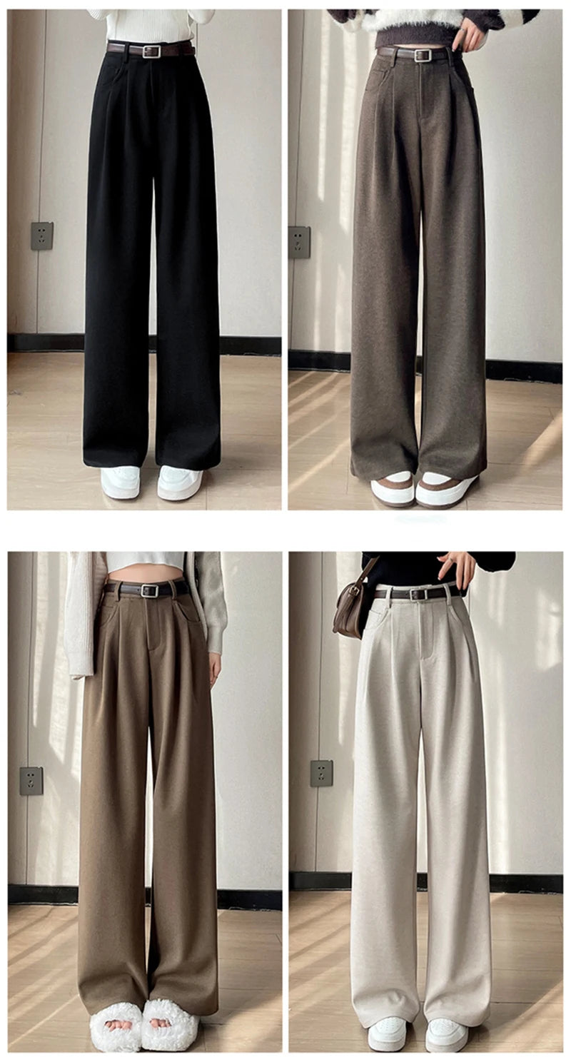 MEXZT Woolen Wide Leg Pants Women Streetwear Belt Fleece Baggy Black Suit Pants Winter Korean Fashion Casual Straight Trousers