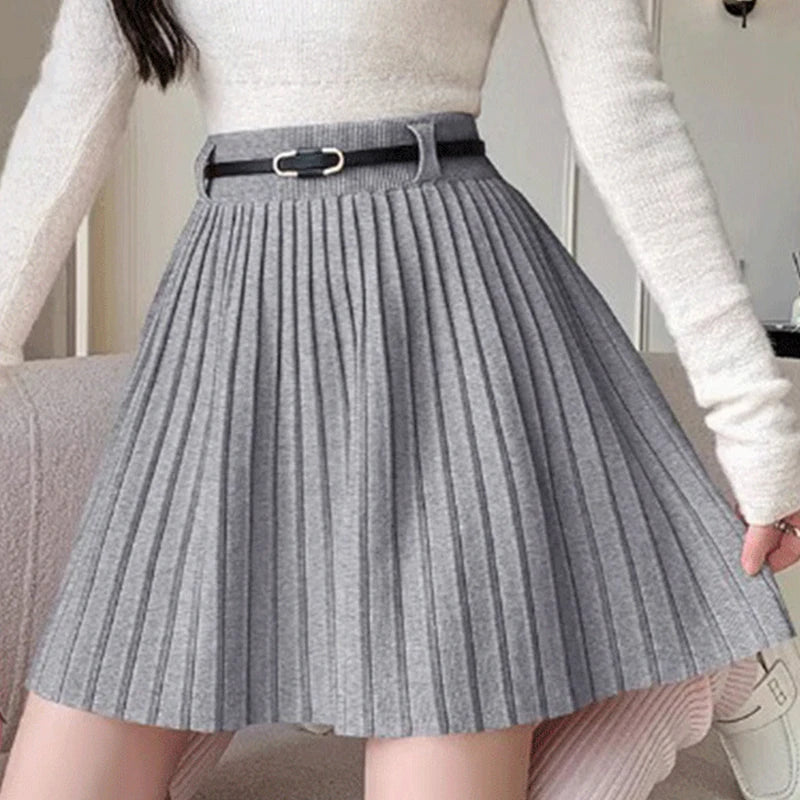 Korean Style High-Waisted A-Line Mini Skirt - Women's Knitted Pleated Skirt