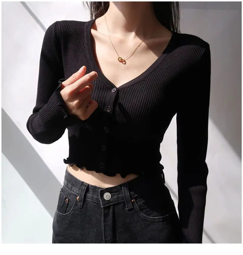 Korean Style Cropped Knit Cardigan - V-Neck Ruffle Hem