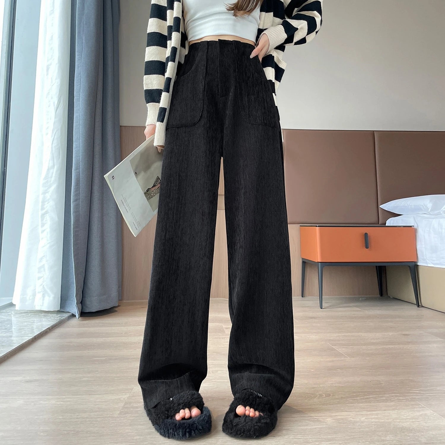 Korean Style High Waist Corduroy Wide Leg Trousers - Women's Vintage Casual Pants with Pockets